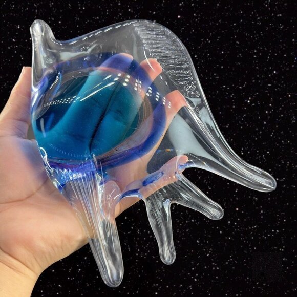 Multicolor Large Art Glass Fish Figurine Paperweight Blue W Clear Edges Heavy - Picture 8 of 14